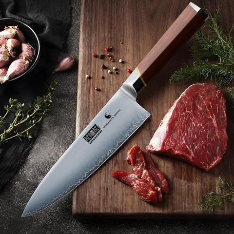 HOSHANHO knife next to cutting board for size comparison and workspace fit benefit