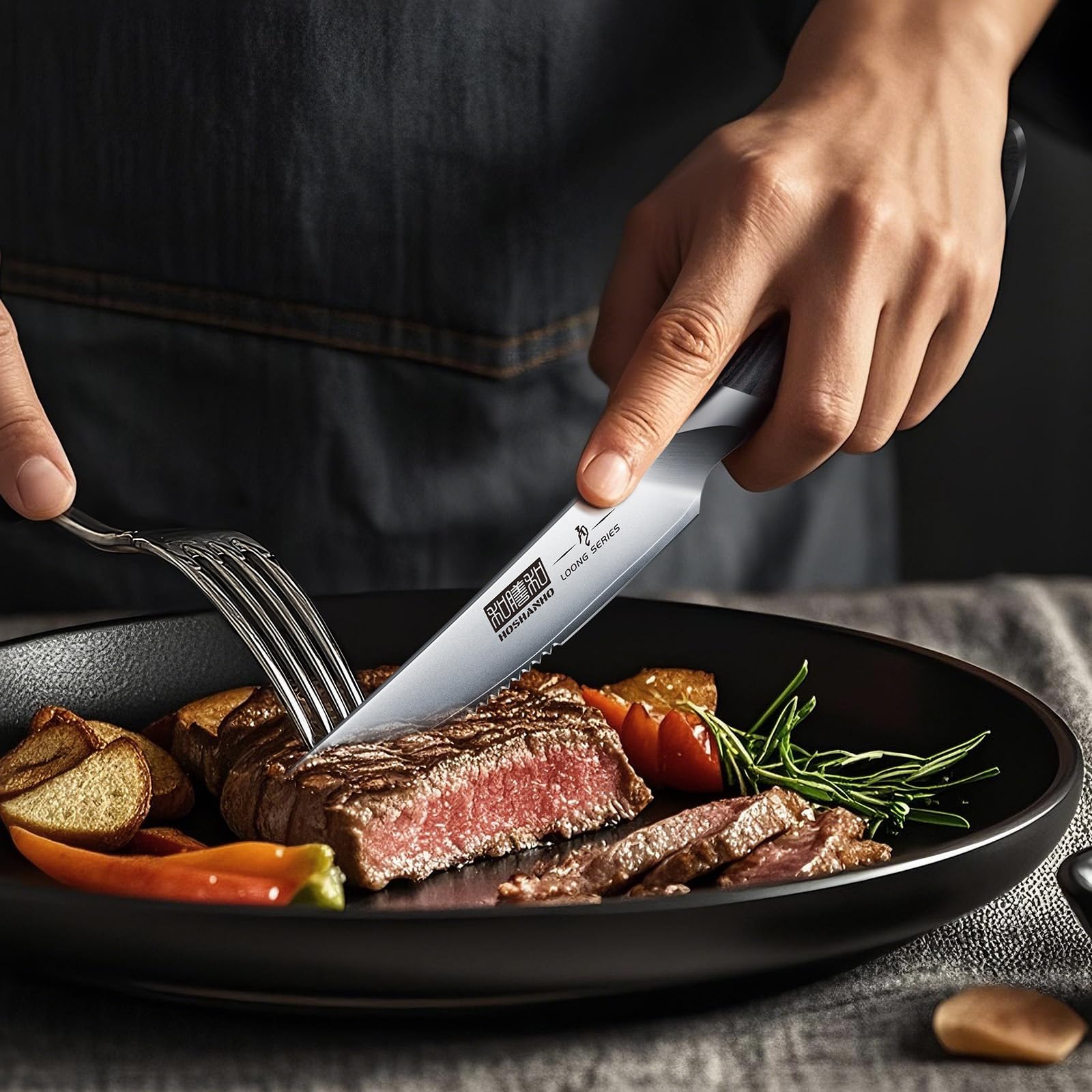 HOSHANHO knife next to fork for scale, showing compact 4.5-inch blade length