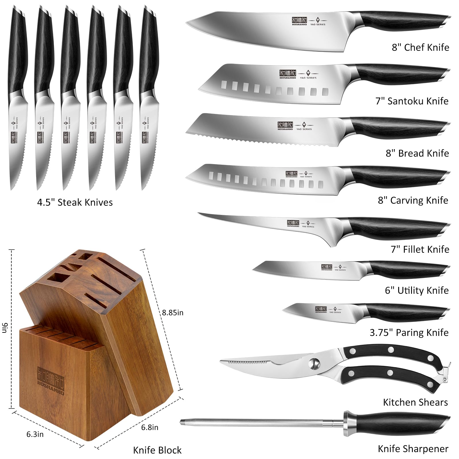HOSHANHO six steak knives laid out on table offering restaurant-style slicing at meals