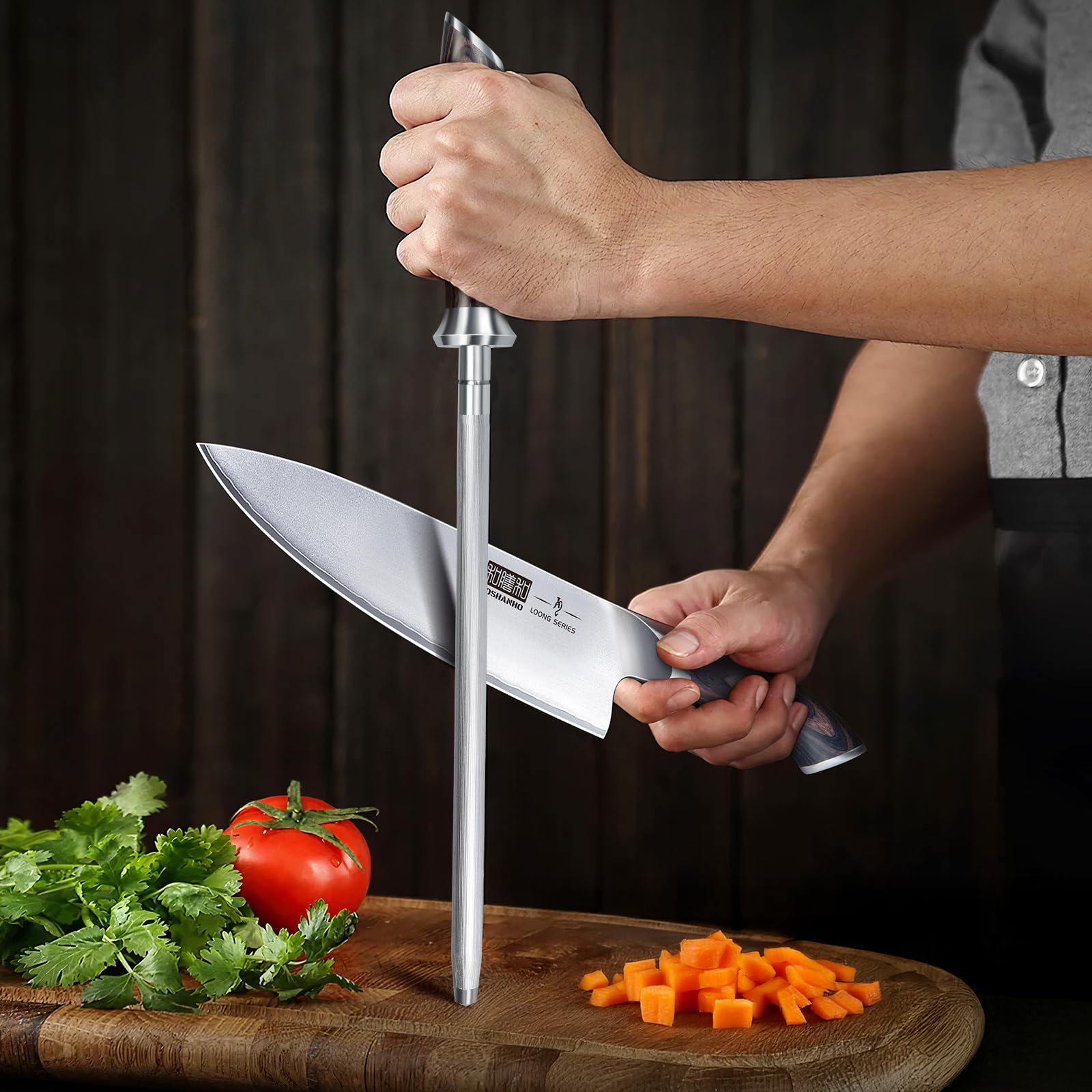 HOSHANHO honing rod hanging on kitchen rail showing easy storage convenience