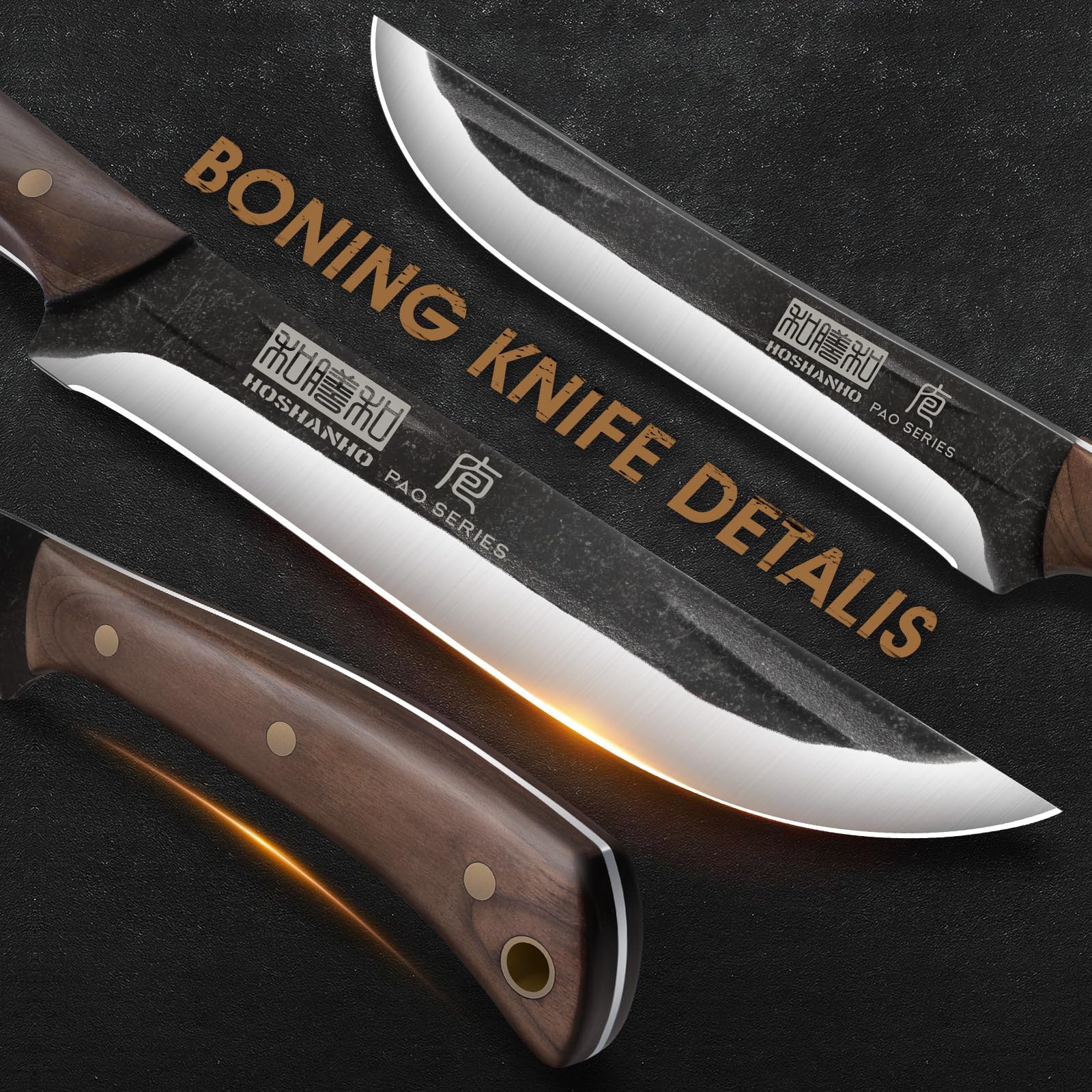 HOSHANHO wooden handle profile with three rivets, ergonomic comfort benefit