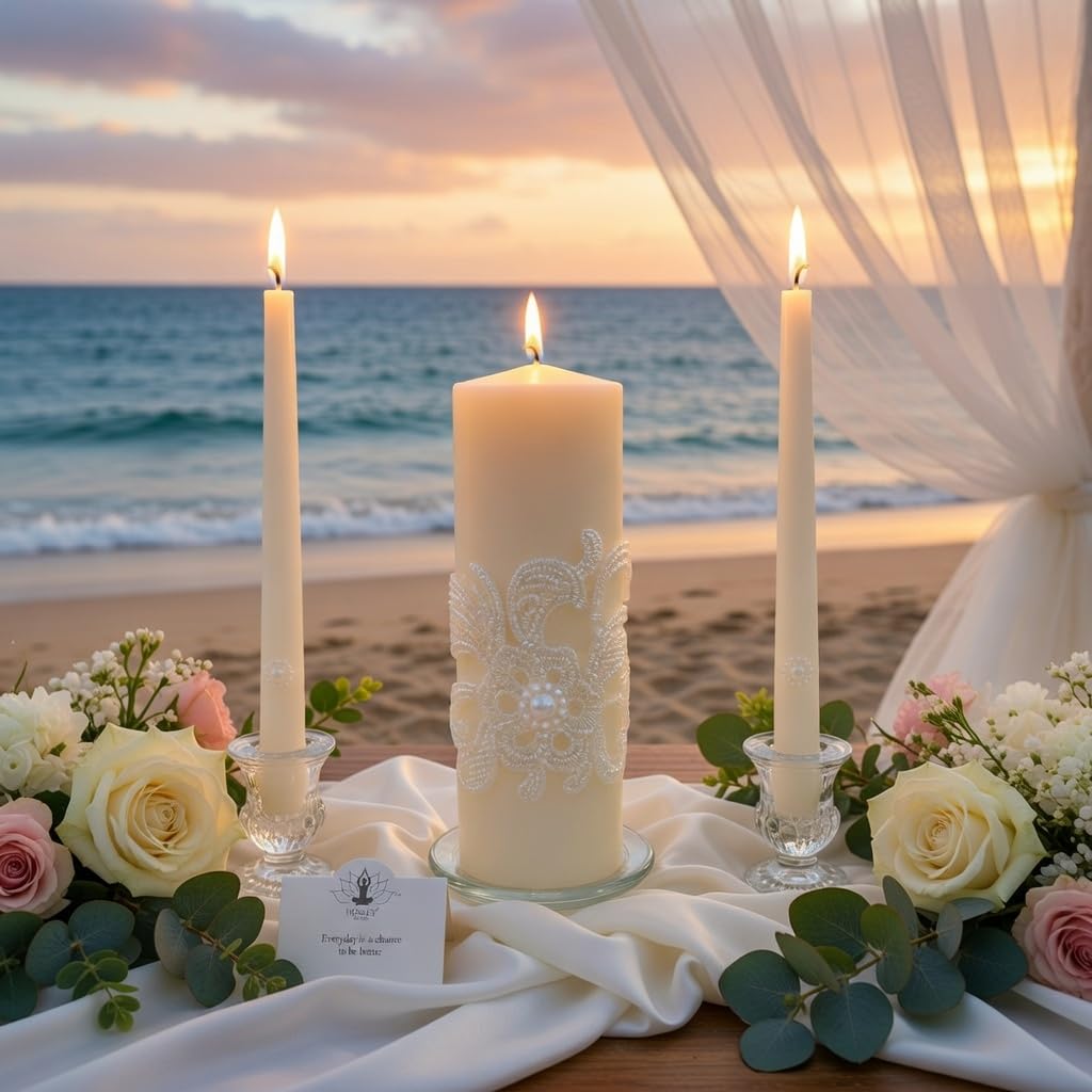 Hosley candles styled in holders on table creating refined event décor