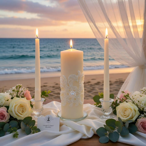 Hosley candles styled in holders on table creating refined event décor