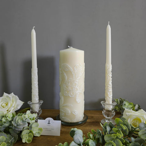 Hosley taper candles side by side highlighting matching color and symmetry