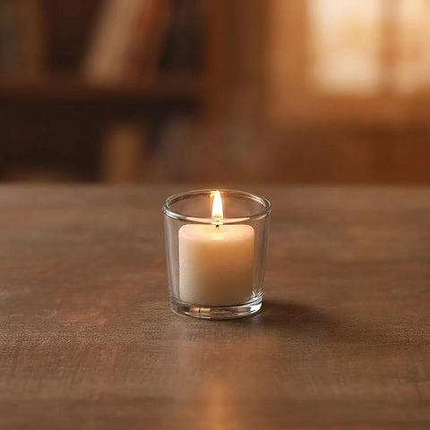 Hosley votive next to ruler for scale to show compact size