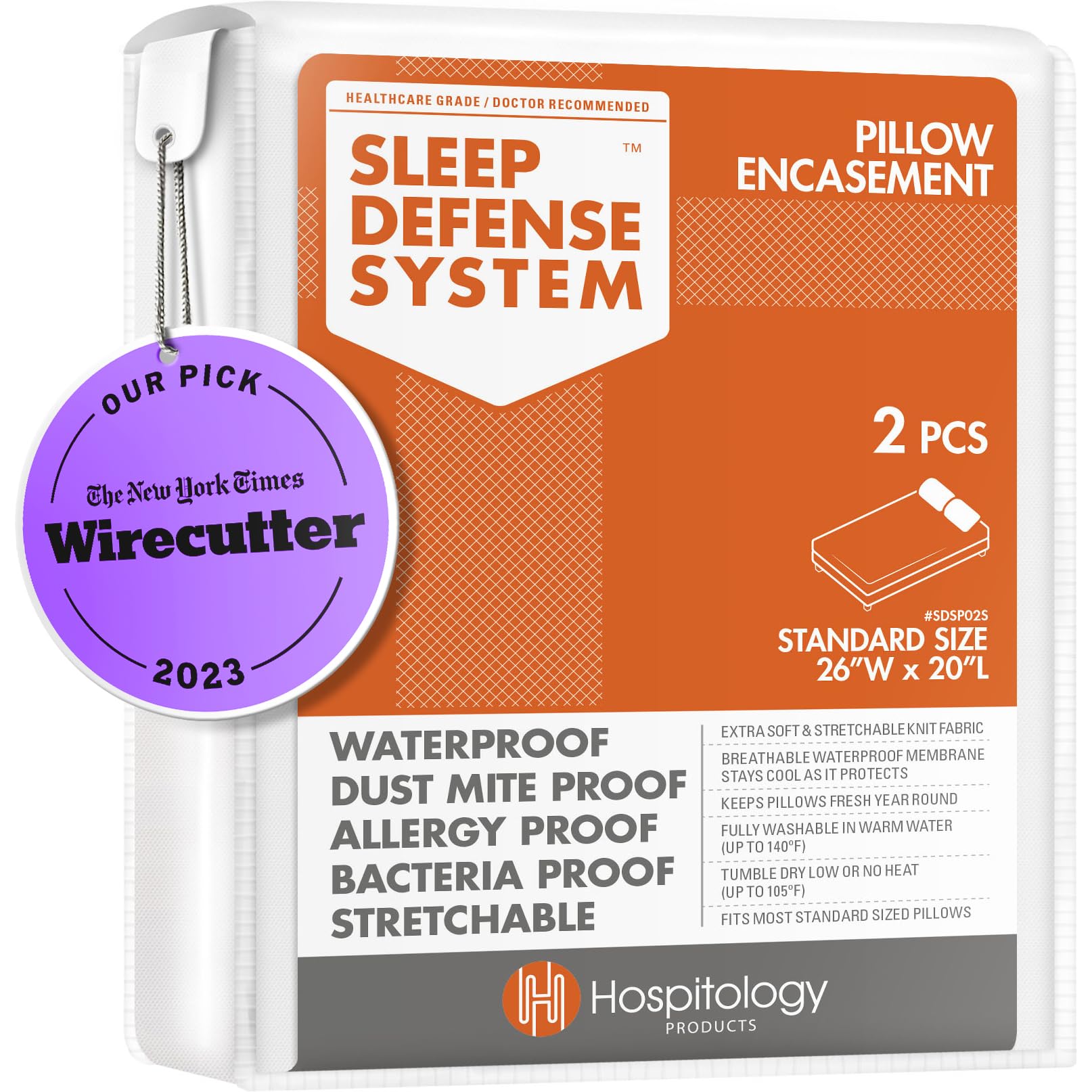 HOSPITOLOGY PRODUCTS front packaging showing two pillow encasements and features