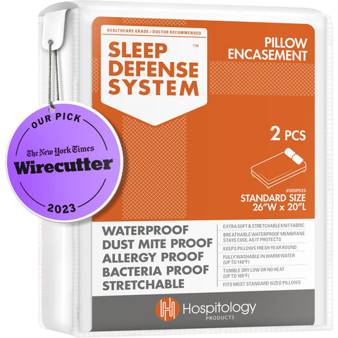 HOSPITOLOGY PRODUCTS front packaging showing two pillow encasements and features