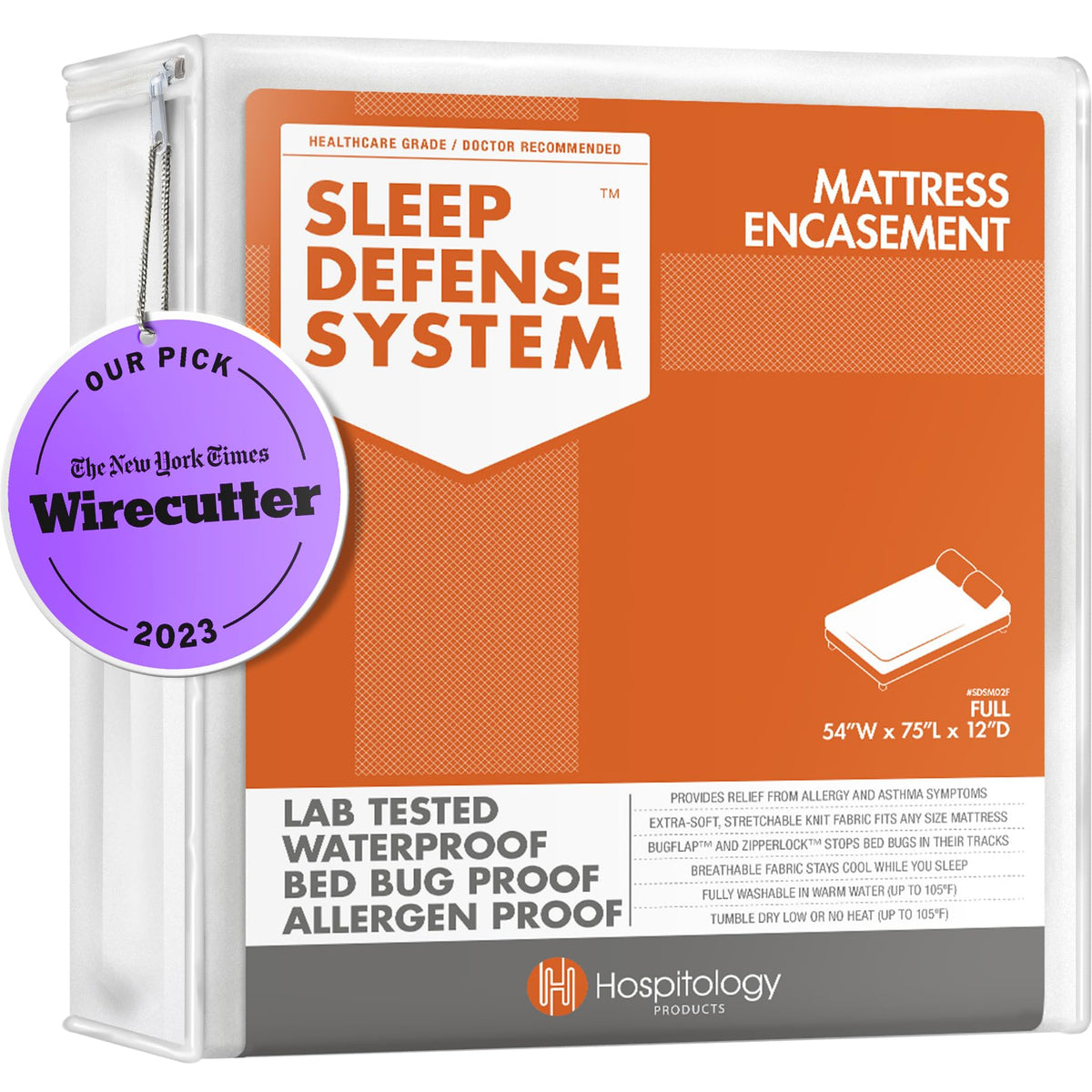 HOSPITOLOGY PRODUCTS front view showing full/double encasement protecting mattress
