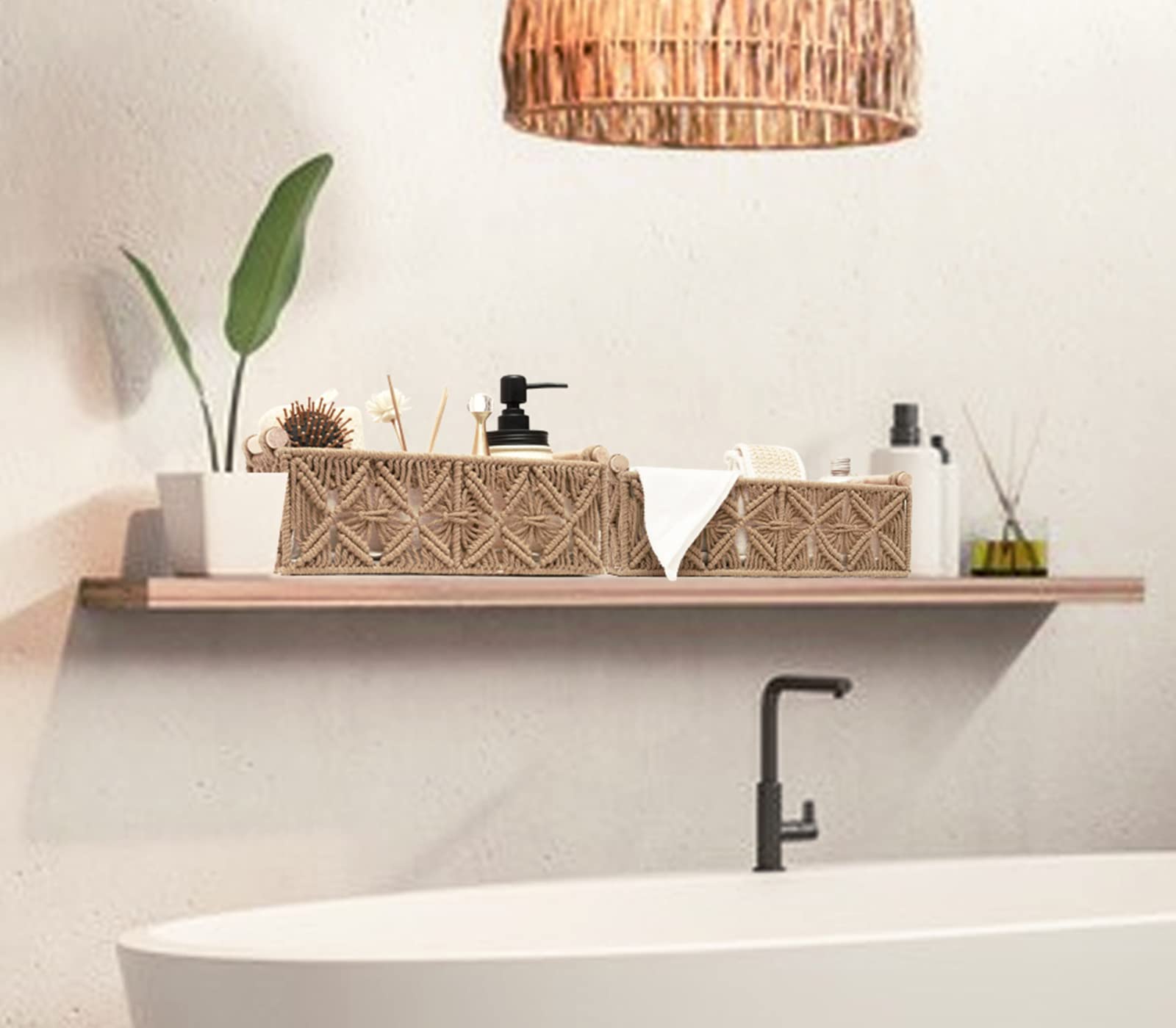 HOSROOME basket placed in bathroom setting holding toilet paper and towels, adds warm decor