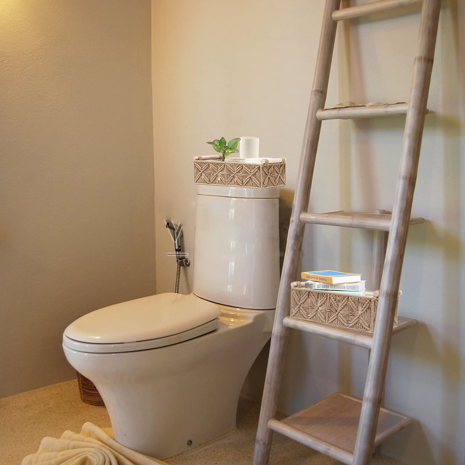 HOSROOME basket next to toilet rolls for size comparison showing storage capacity benefit