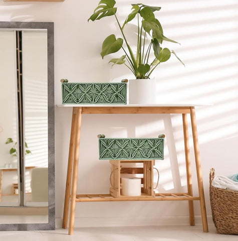 HOSROOME basket on living room shelf showcasing decorative organization benefit