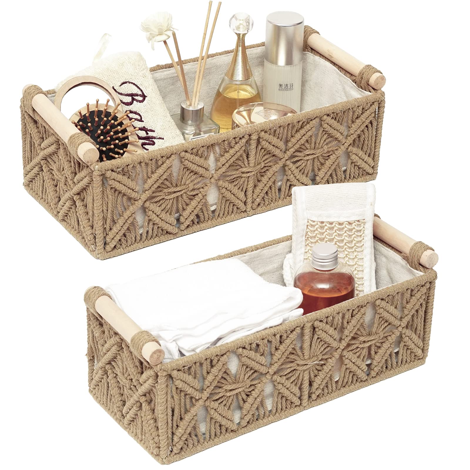 HOSROOME front view of boho cotton rope basket showing natural texture and shape, enhances organization