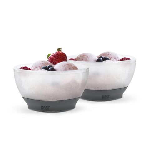 Host close-up front view of grey bowls showing clean design and chilled service benefit