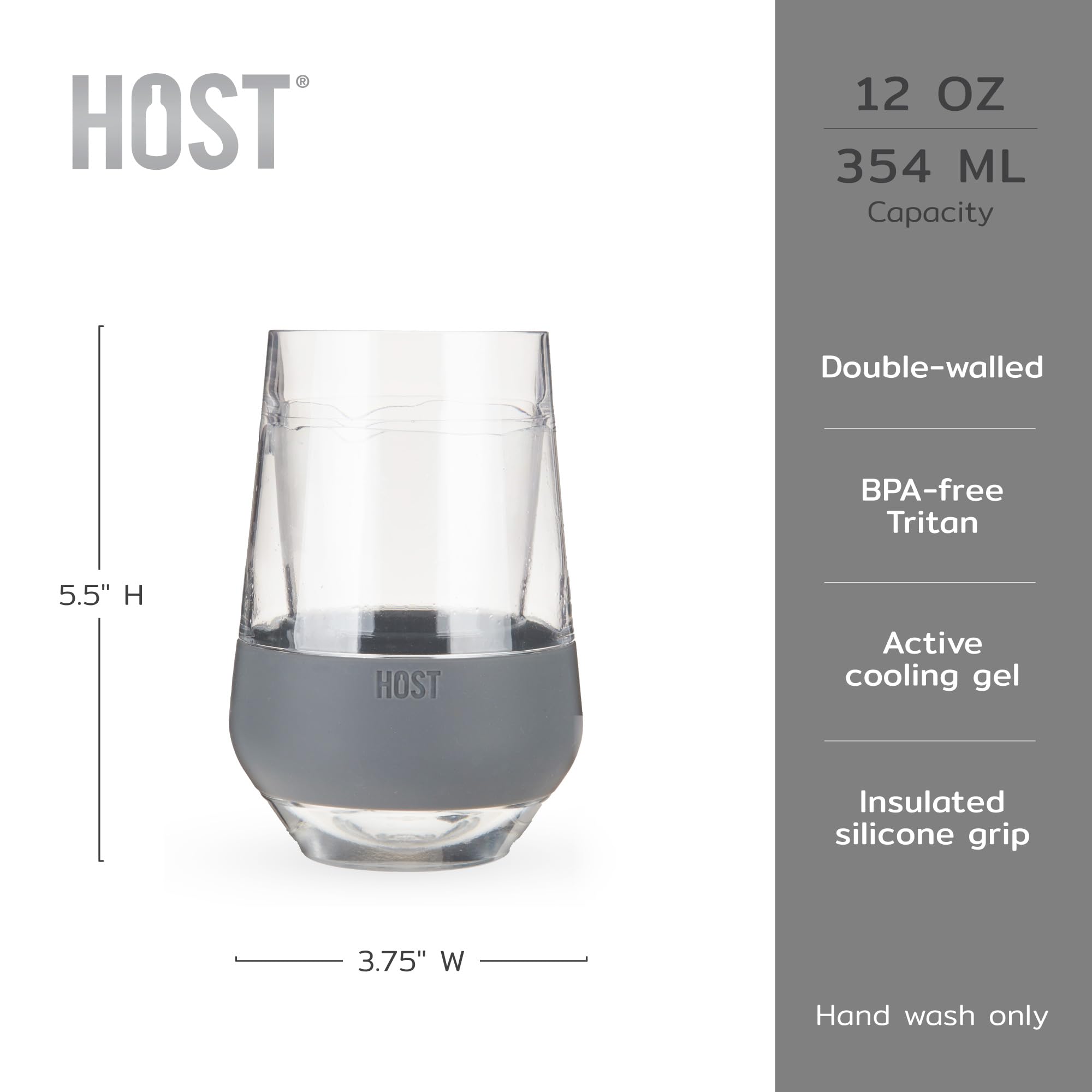 Host Freeze XL held in hand showing 12 oz capacity and comfortable size