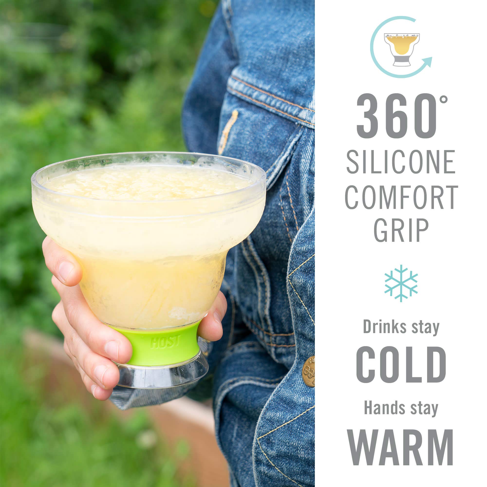 Host margarita glass filled with frozen margarita showing long-lasting chill