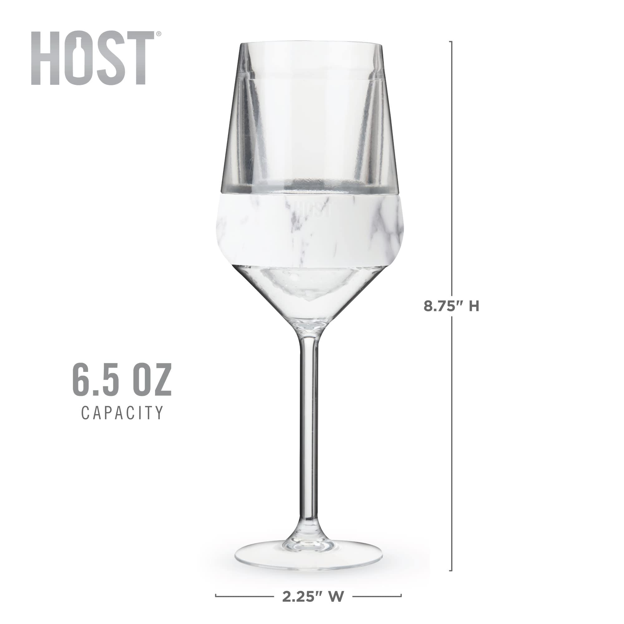 Host stemmed Freeze cup filled with white wine demonstrating chilled pour and tasteful presentation