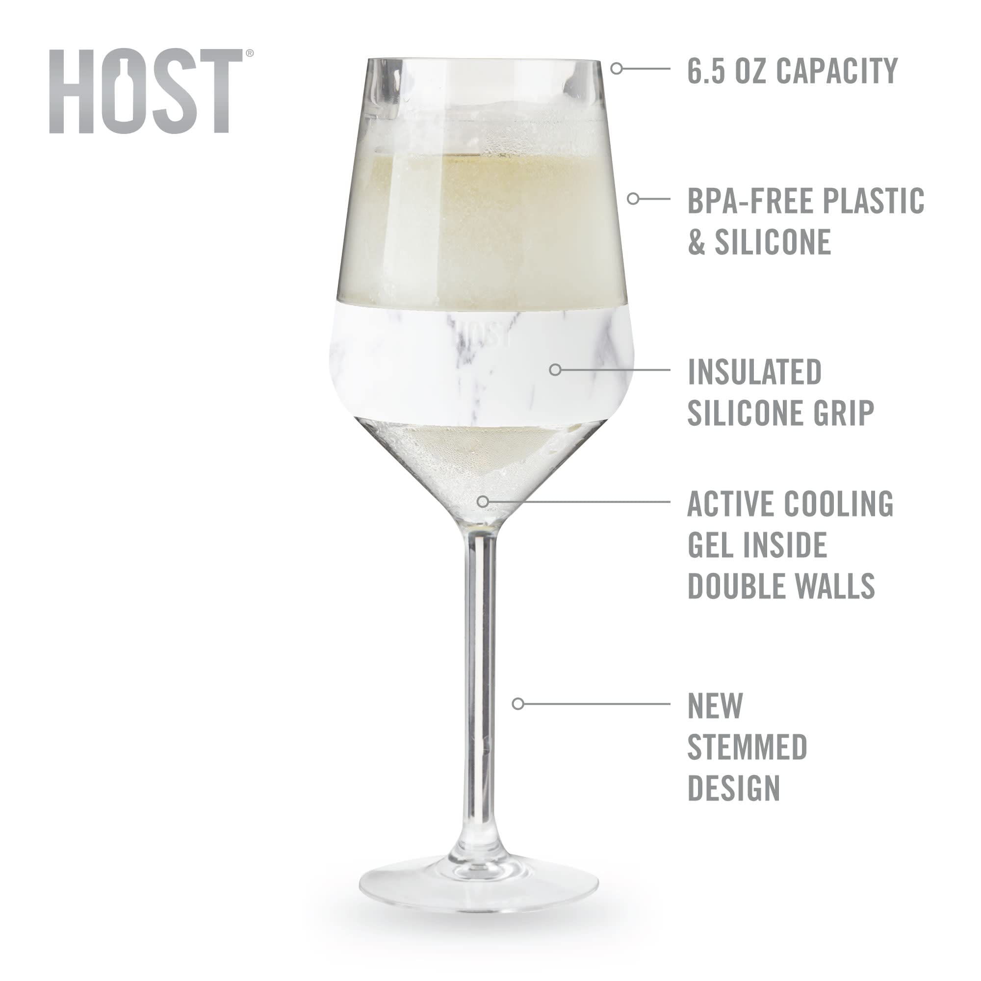 Host stemmed Freeze cup side profile highlighting silicone grip and comfortable handling benefit