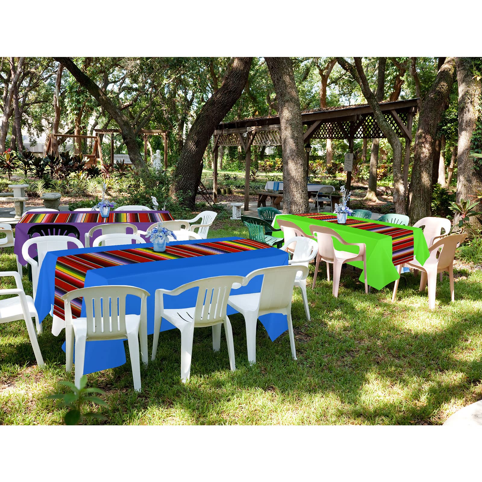 Hosuly outdoor garden fiesta setup with tablecloths adding color and quick cleanup