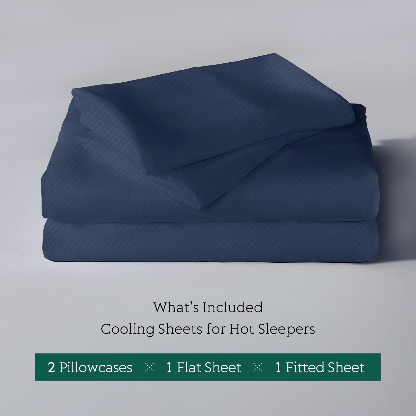 HOT SLEEPER SHEETS full bedroom setup with navy bedding showing cool, inviting sleep space