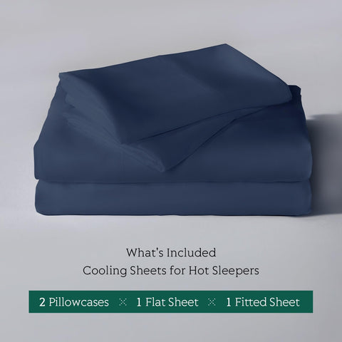 HOT SLEEPER SHEETS full bedroom setup with navy bedding showing cool, inviting sleep space
