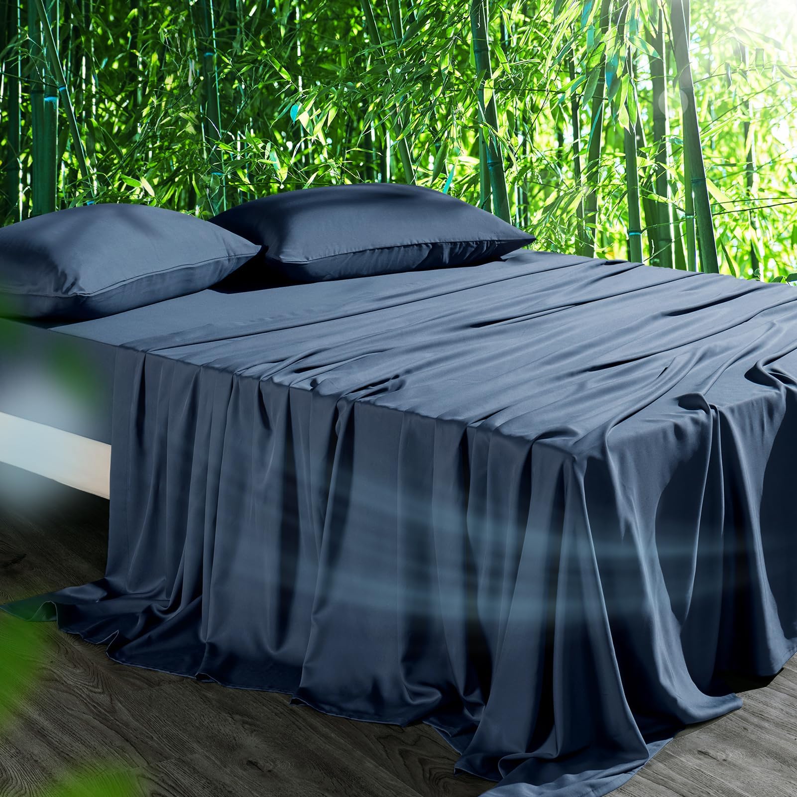 HOT SLEEPER SHEETS queen set front view showing navy color and packaging, comfortable look