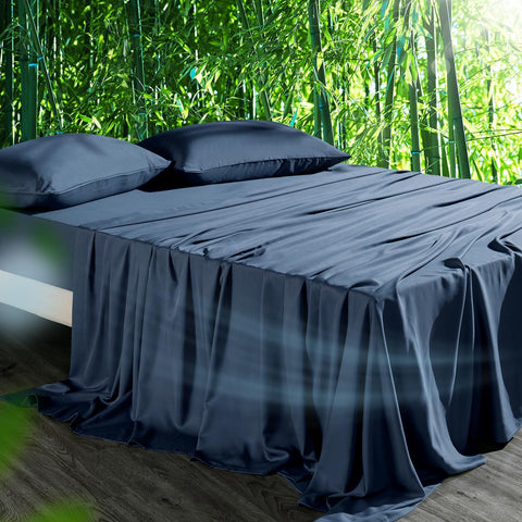 HOT SLEEPER SHEETS queen set front view showing navy color and packaging, comfortable look