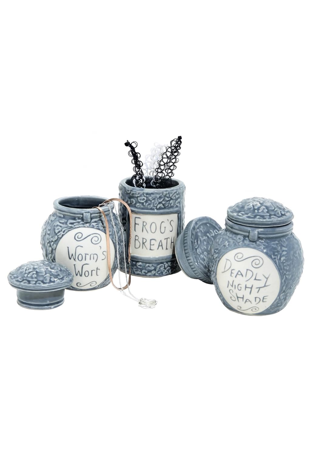 Hot Topic front view of both Nightmare Before Christmas jars shows collectible designs and display benefit
