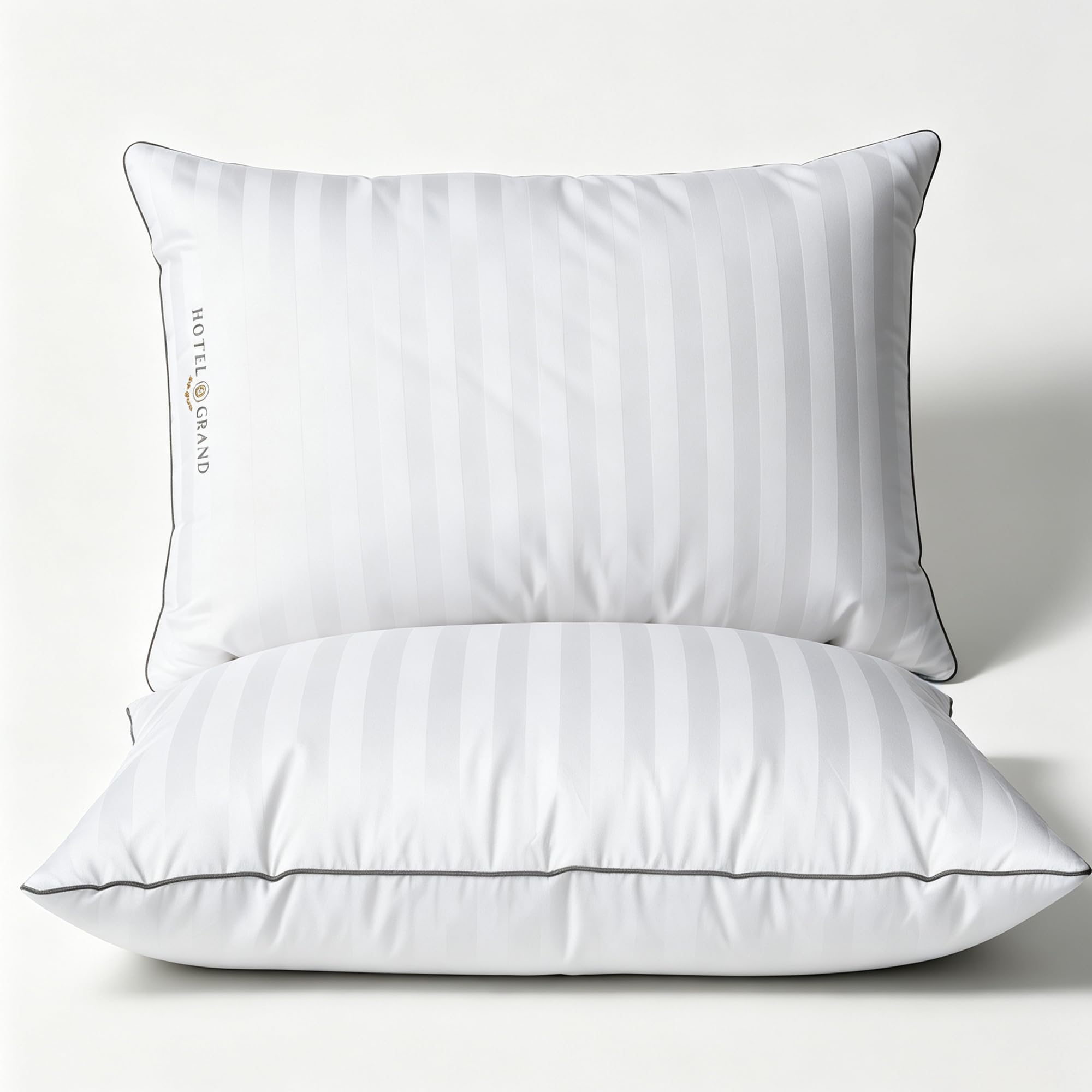 Hotel Grand front view of king pillow showing clean white stripes and plush benefit