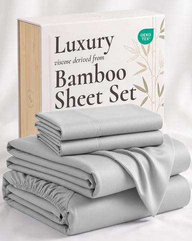 Hotel Sheets Direct king set front view showing gray sheets and neat styling for a polished bed