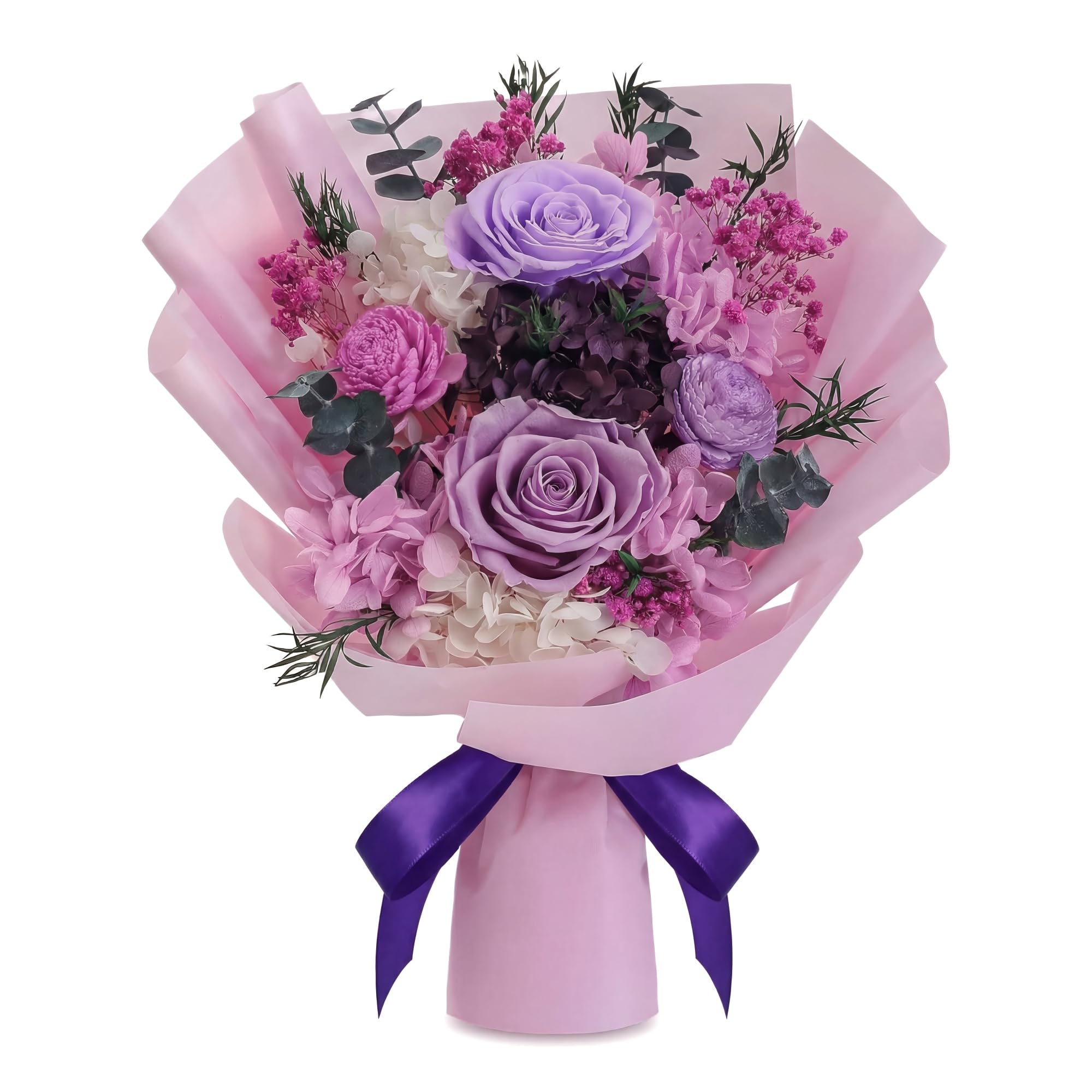 HOTKBO front gift box showing four preserved roses and satin ribbon benefit: ready-to-gift presentation
