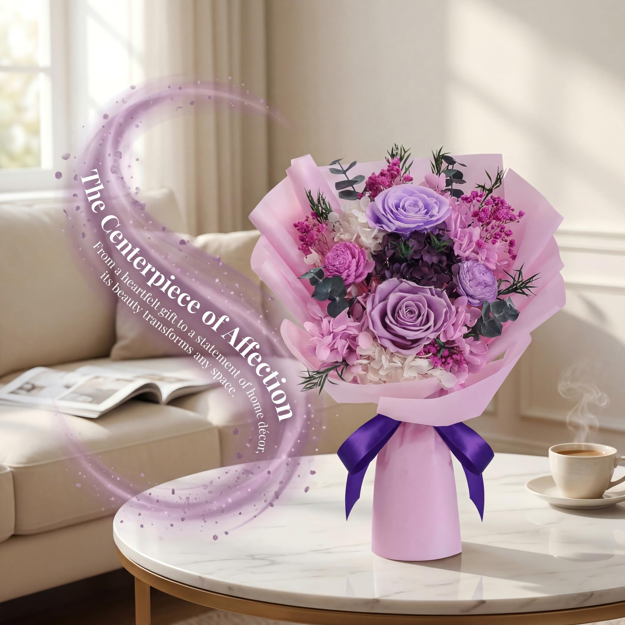 HOTKBO arrangement on a living room table benefit: long-lasting floral ambiance