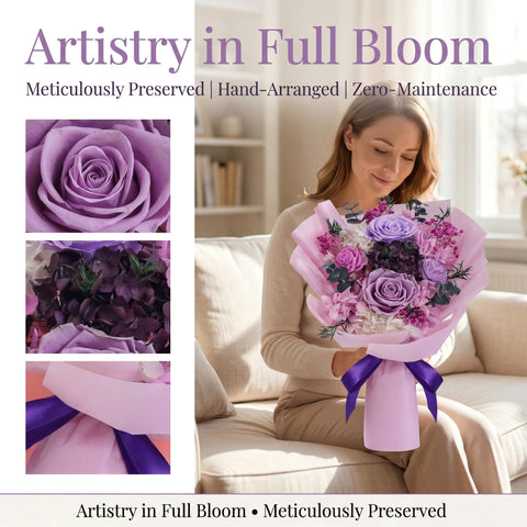 HOTKBO top view of bouquet highlighting purple preserved roses benefit: maintained bloom shape