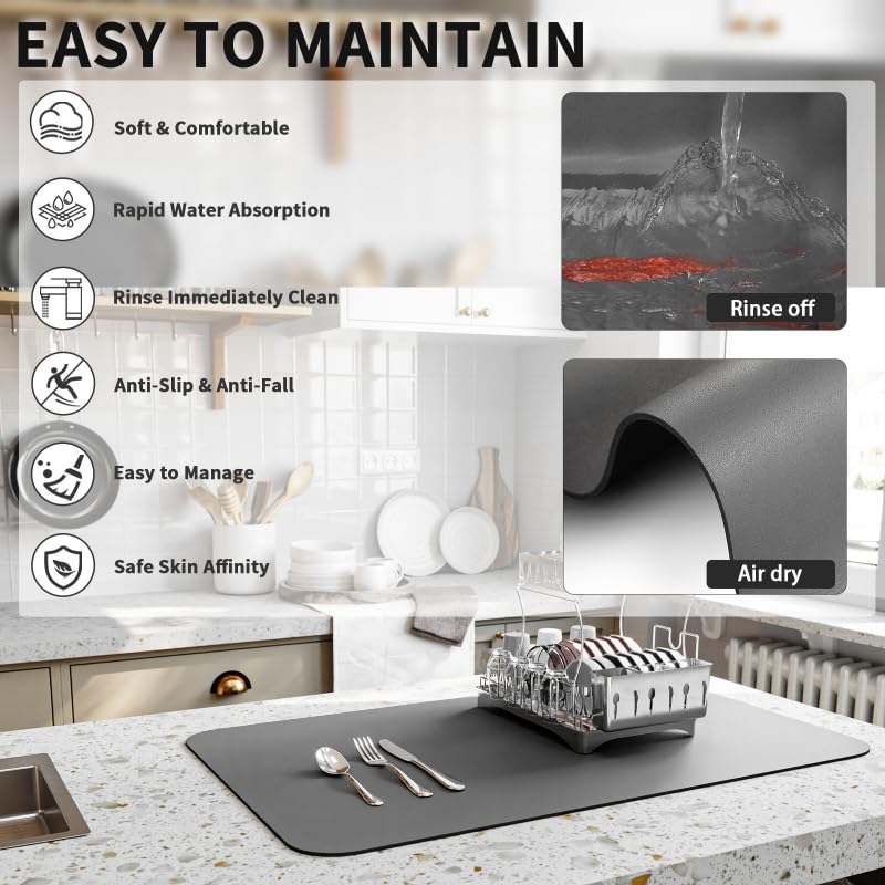 HotLive mat under dish rack demonstrating organized drying and countertop safety