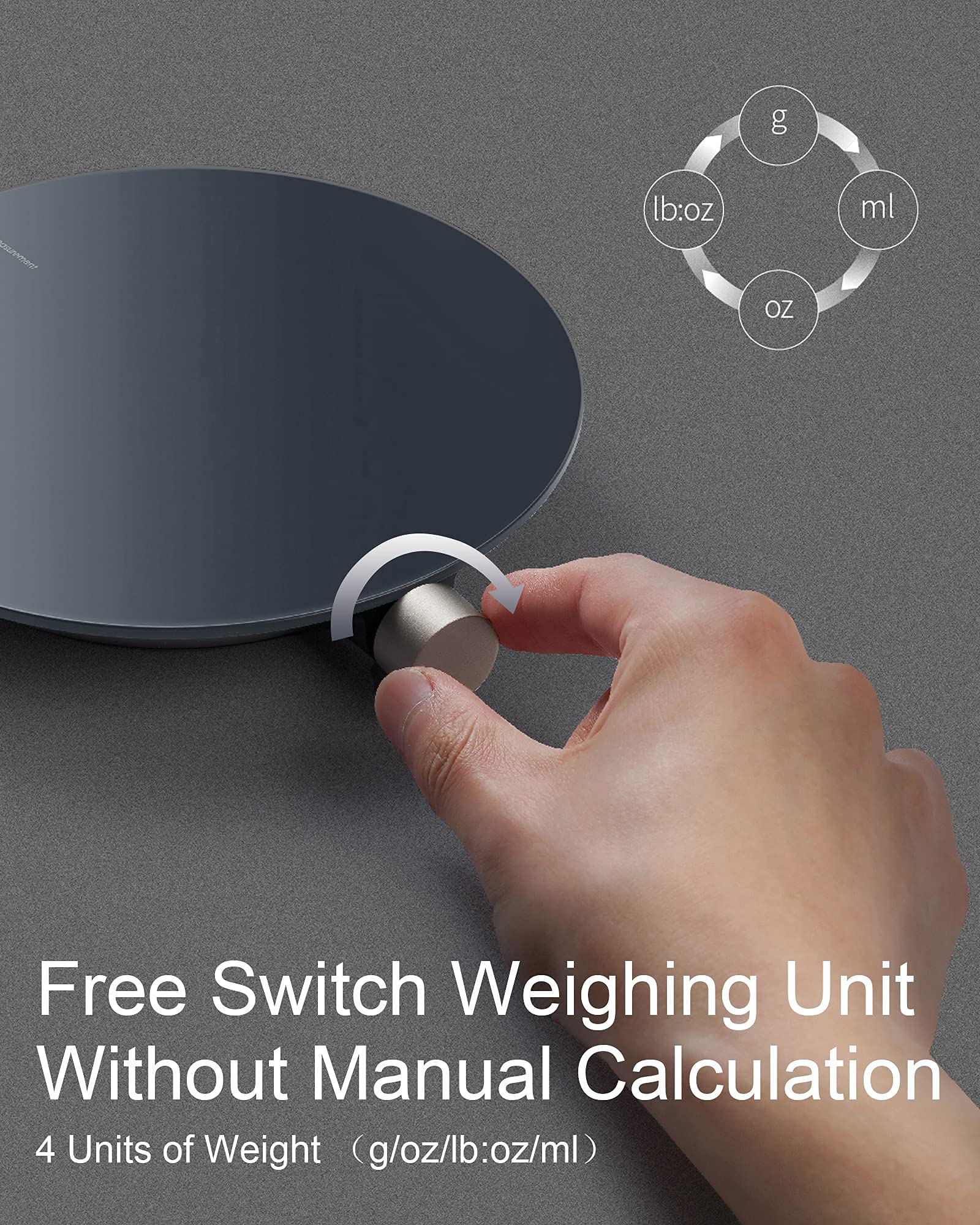 HOTO scale next to hand showing compact size and kitchen countertop fit