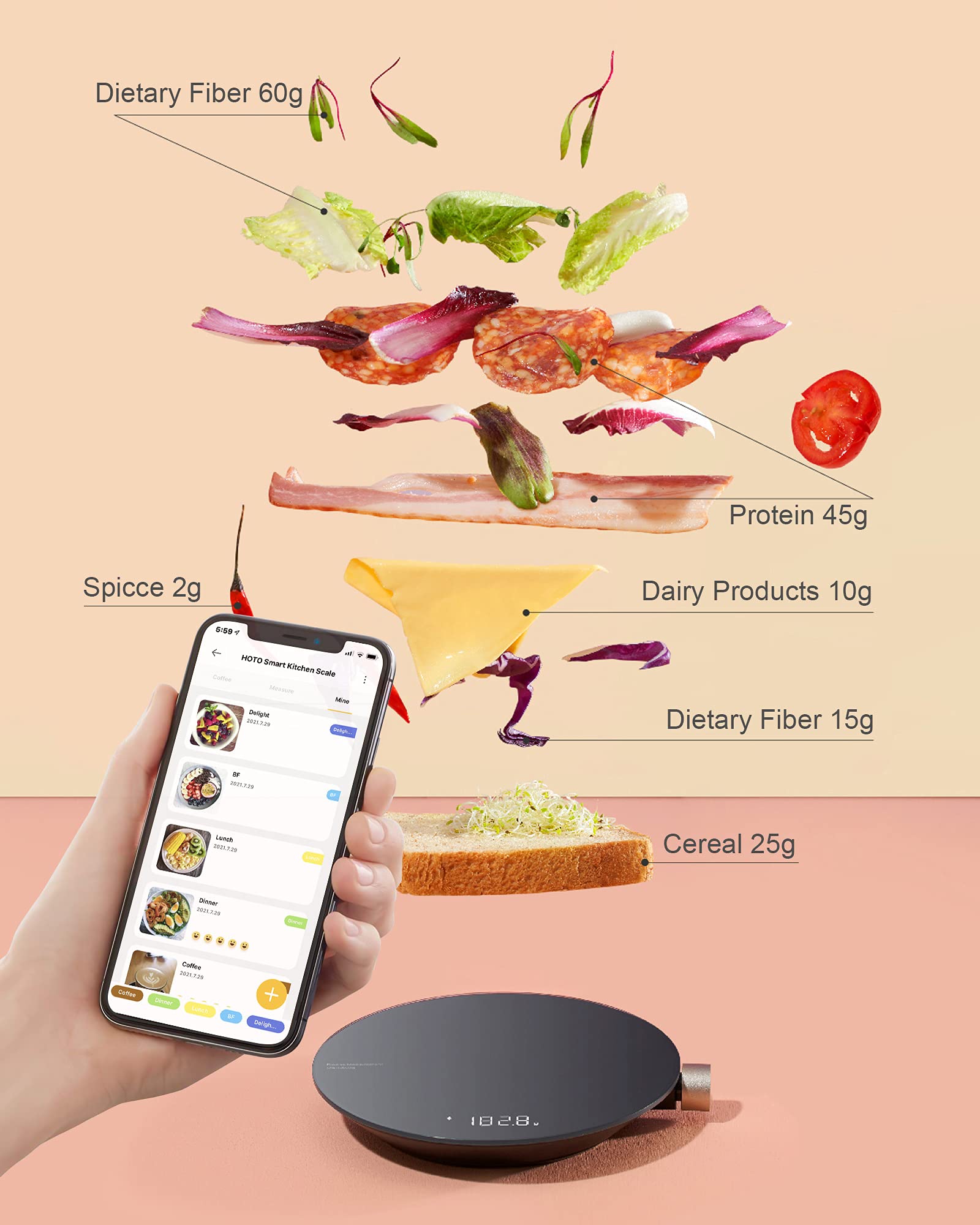 HOTO using tare function with bowl to demonstrate multi-ingredient weighing