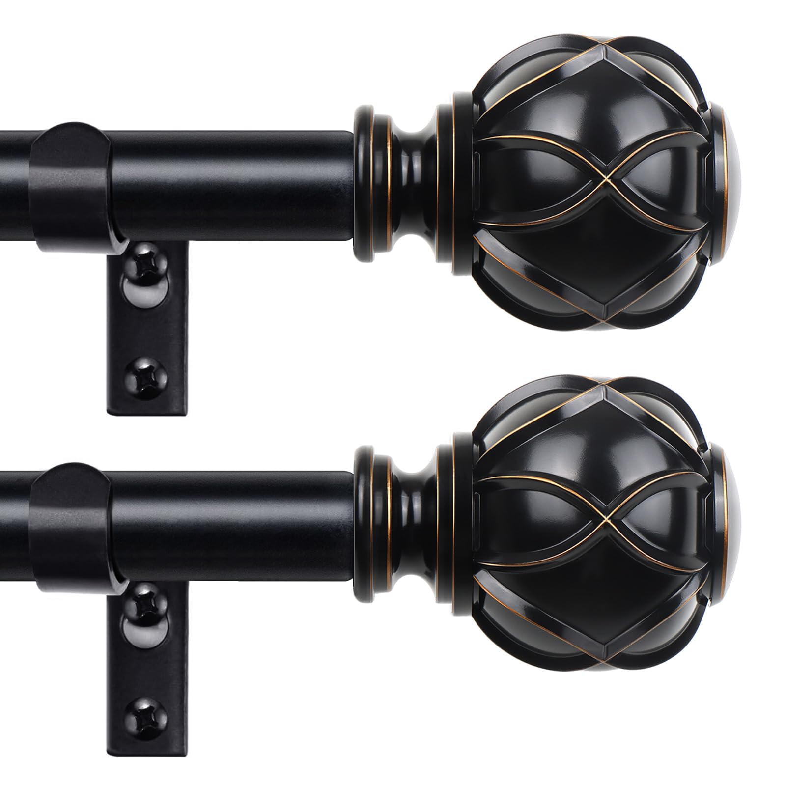HOTOZON front view of black rod and finials showing elegant finish and balance