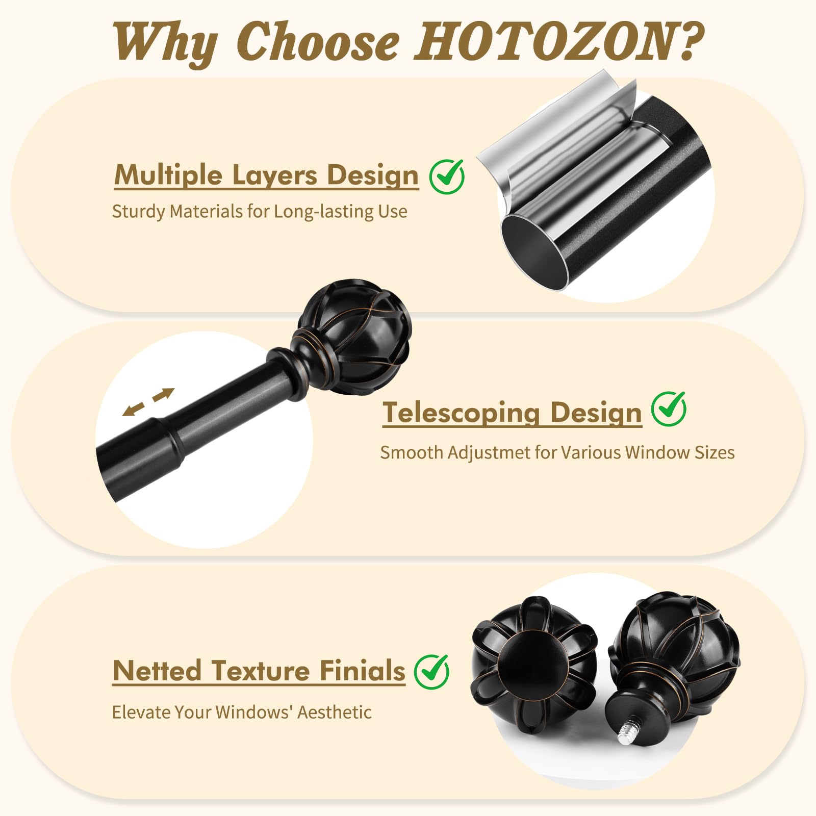 HOTOZON metal rod cross-section highlighting sturdy 3/4 inch construction