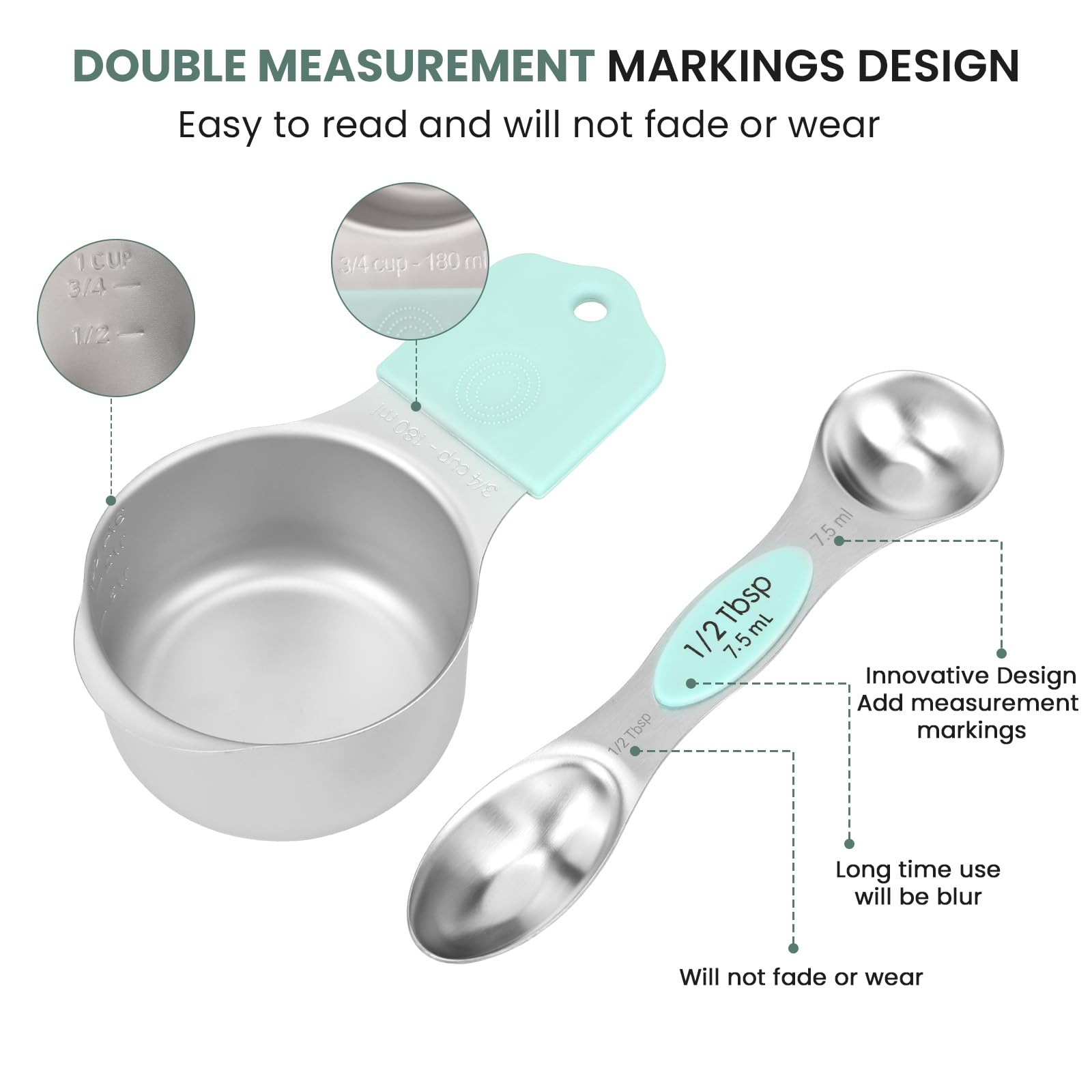 HOUJIP spoons double-sided view demonstrating round and oval ends for liquid and dry measuring
