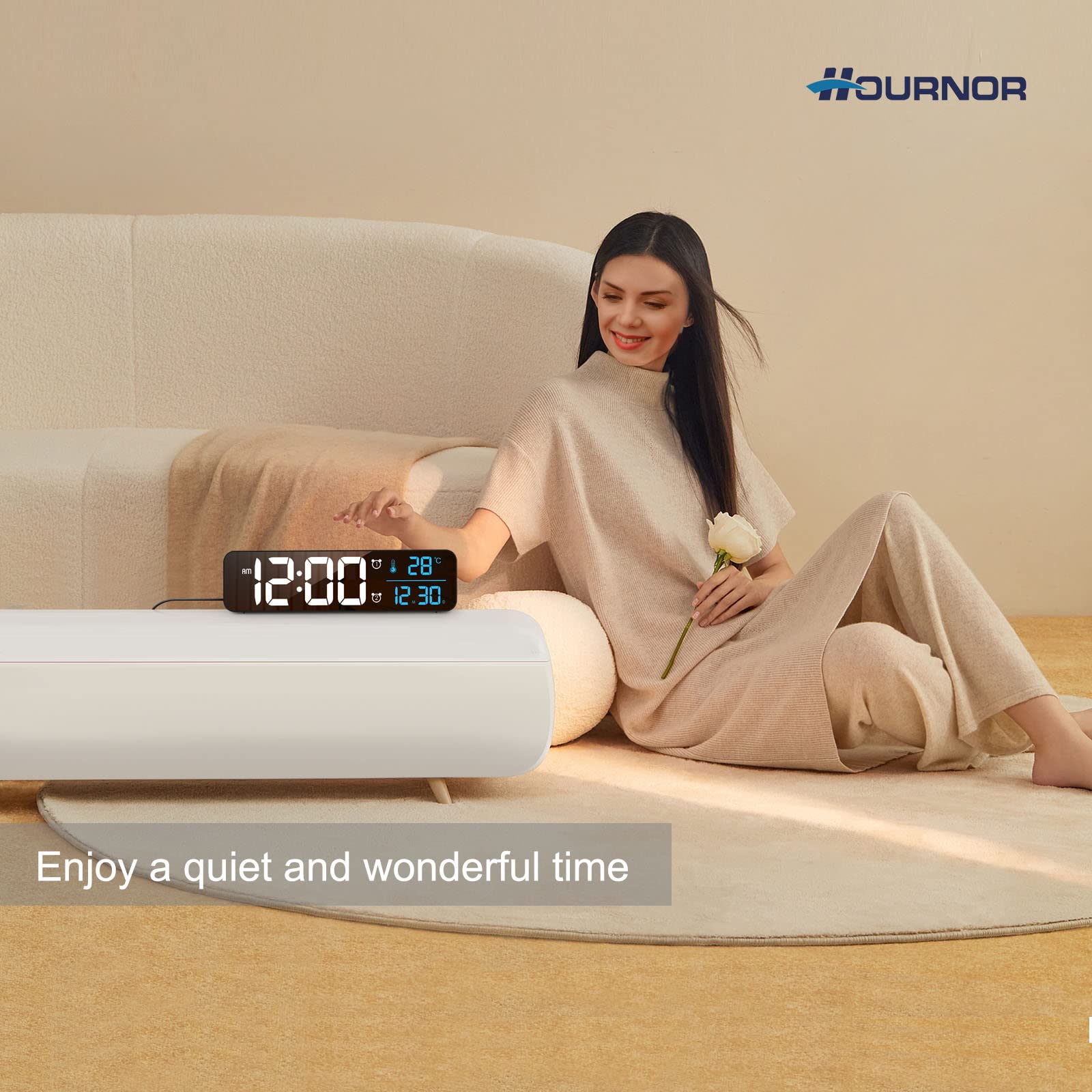 Hournor on a bedroom nightstand demonstrating bedside convenience