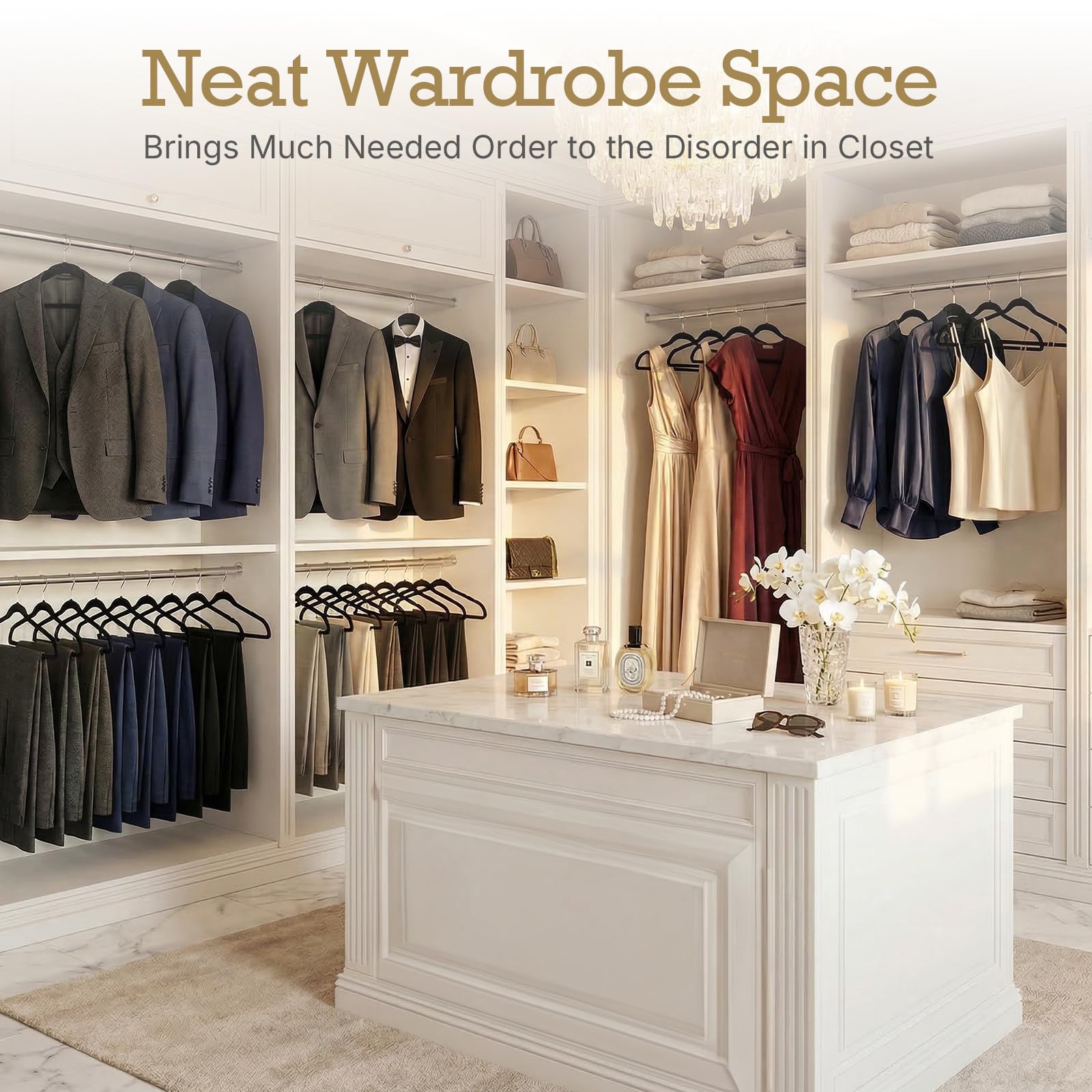 HOUSE DAY bedroom scene showing hangers creating tidy, stylish closet display