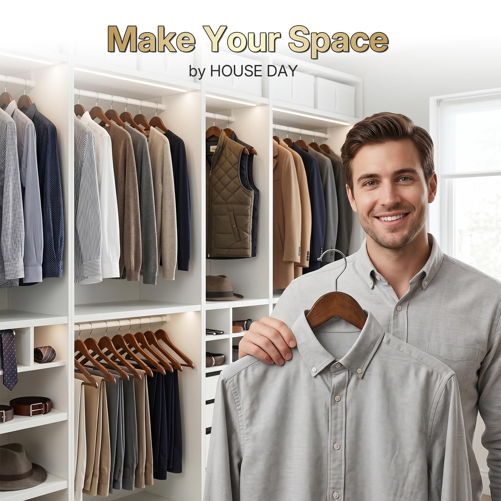 HOUSE DAY close-up of one wooden hanger highlights sturdy shape and protection