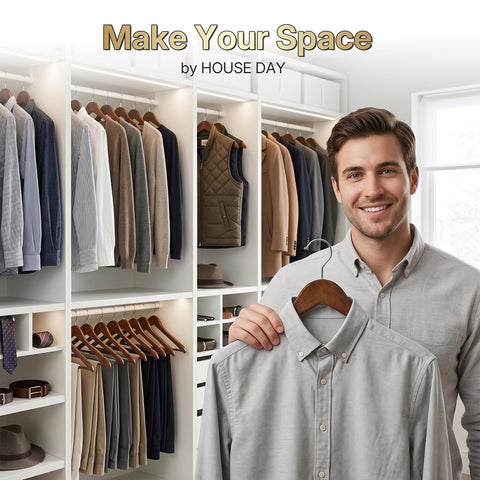 HOUSE DAY close-up of one wooden hanger highlights sturdy shape and protection