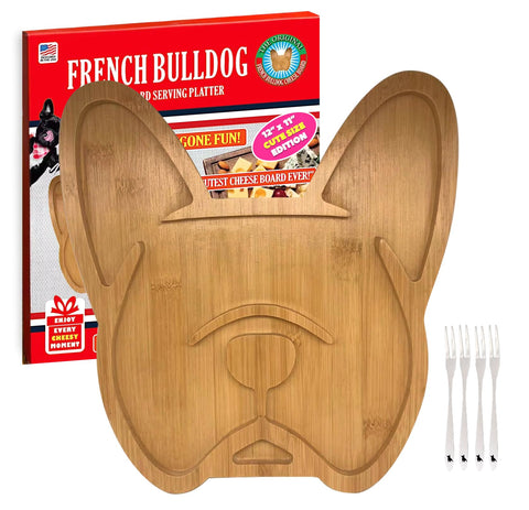 HOUSE PARTY 2K20 front view of Frenchie cheese board showing shape and charm for entertaining