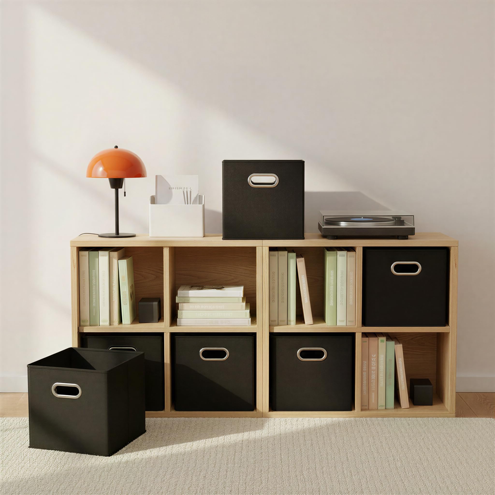 Household Essentials single bin placed in cubby shelf for concealed storage
