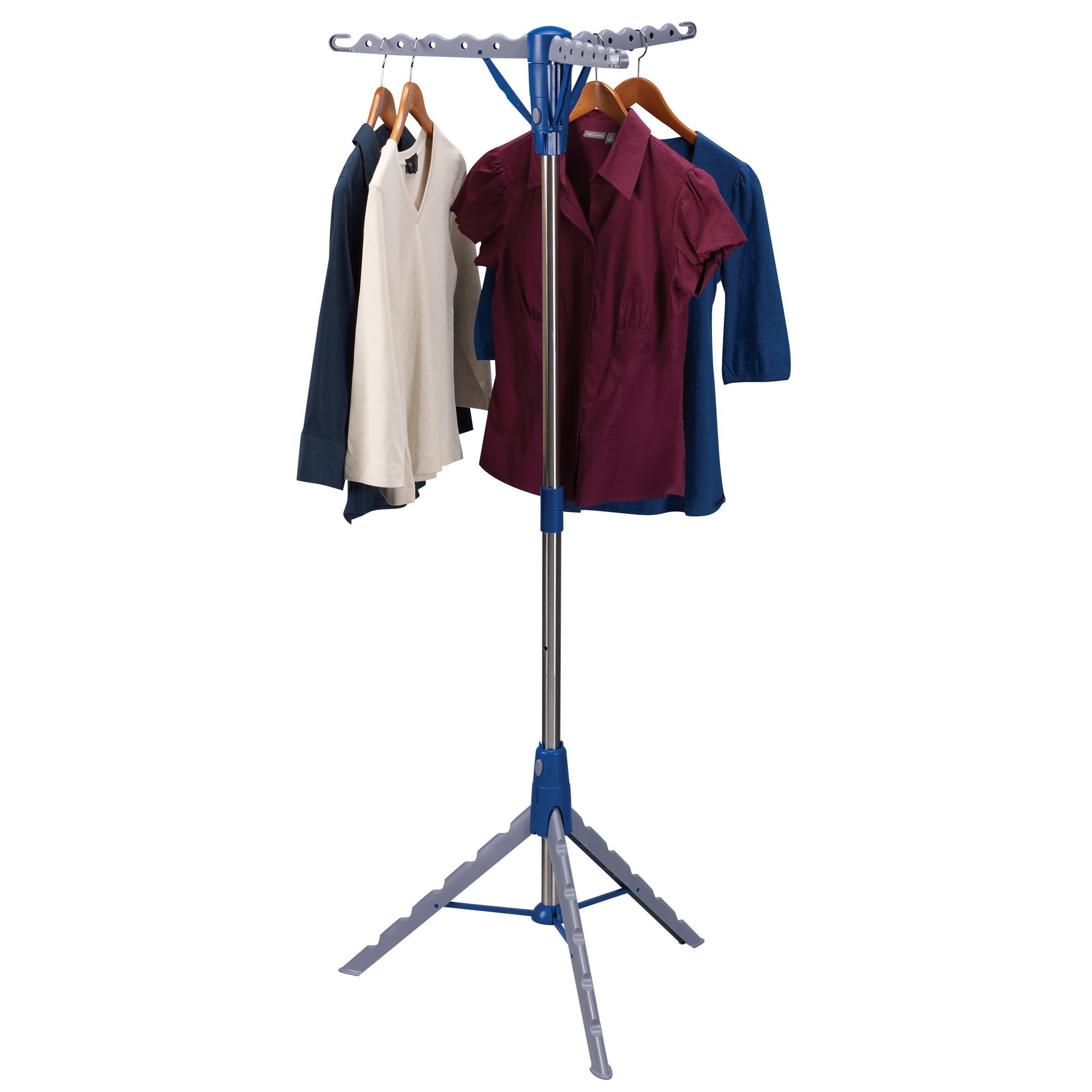 Household Essentials rack in use with shirts and towels demonstrating wrinkle-free drying