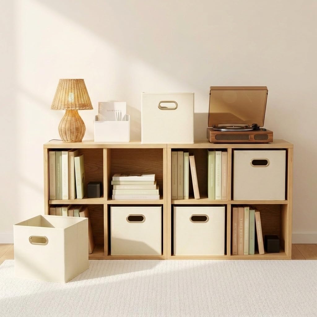 Household Essentials lifestyle shot with bins holding books and linens showing tidy living benefit