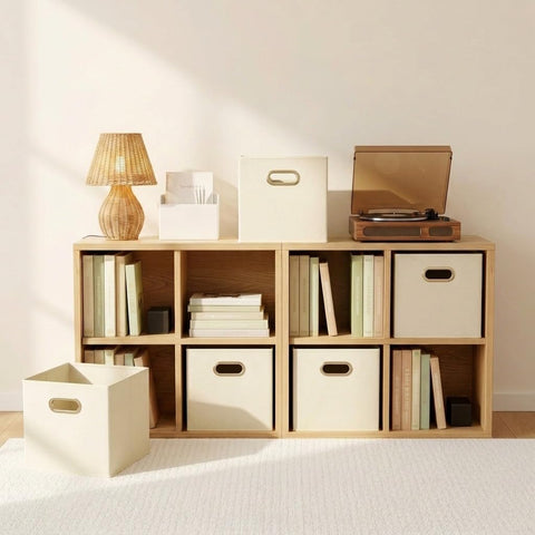 Household Essentials lifestyle shot with bins holding books and linens showing tidy living benefit