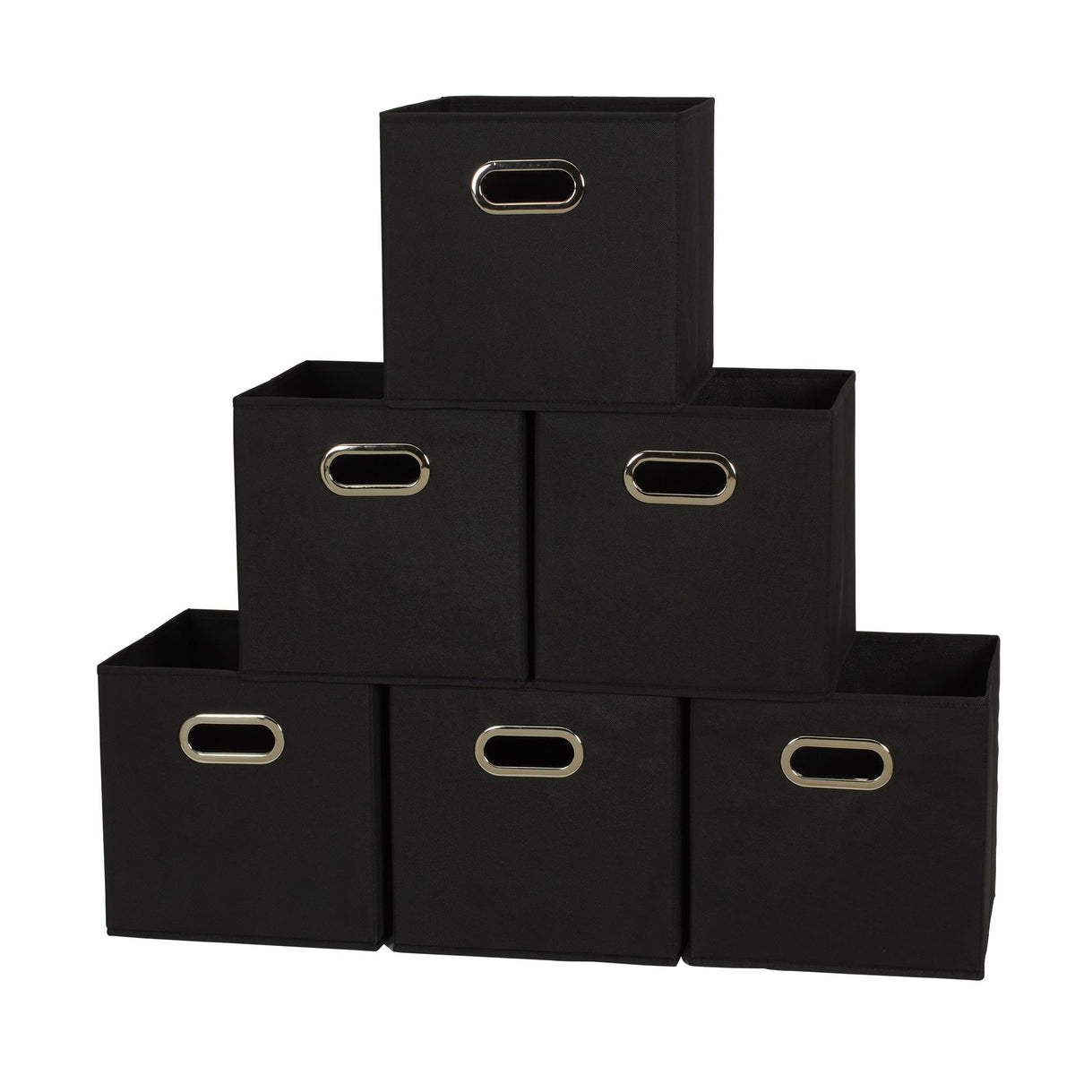 Household Essentials front view of six black fabric bins shows uniform cubby benefit
