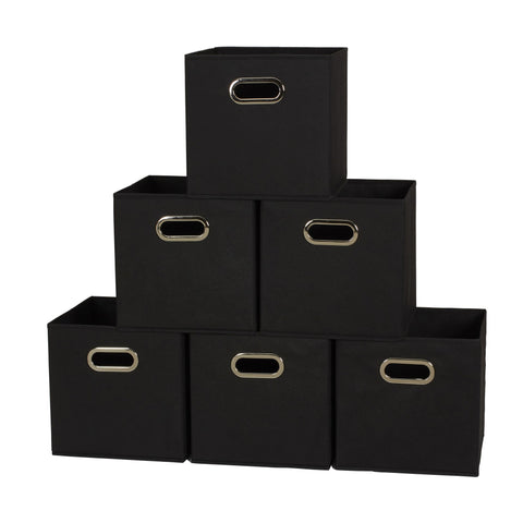 Household Essentials front view of six black fabric bins shows uniform cubby benefit