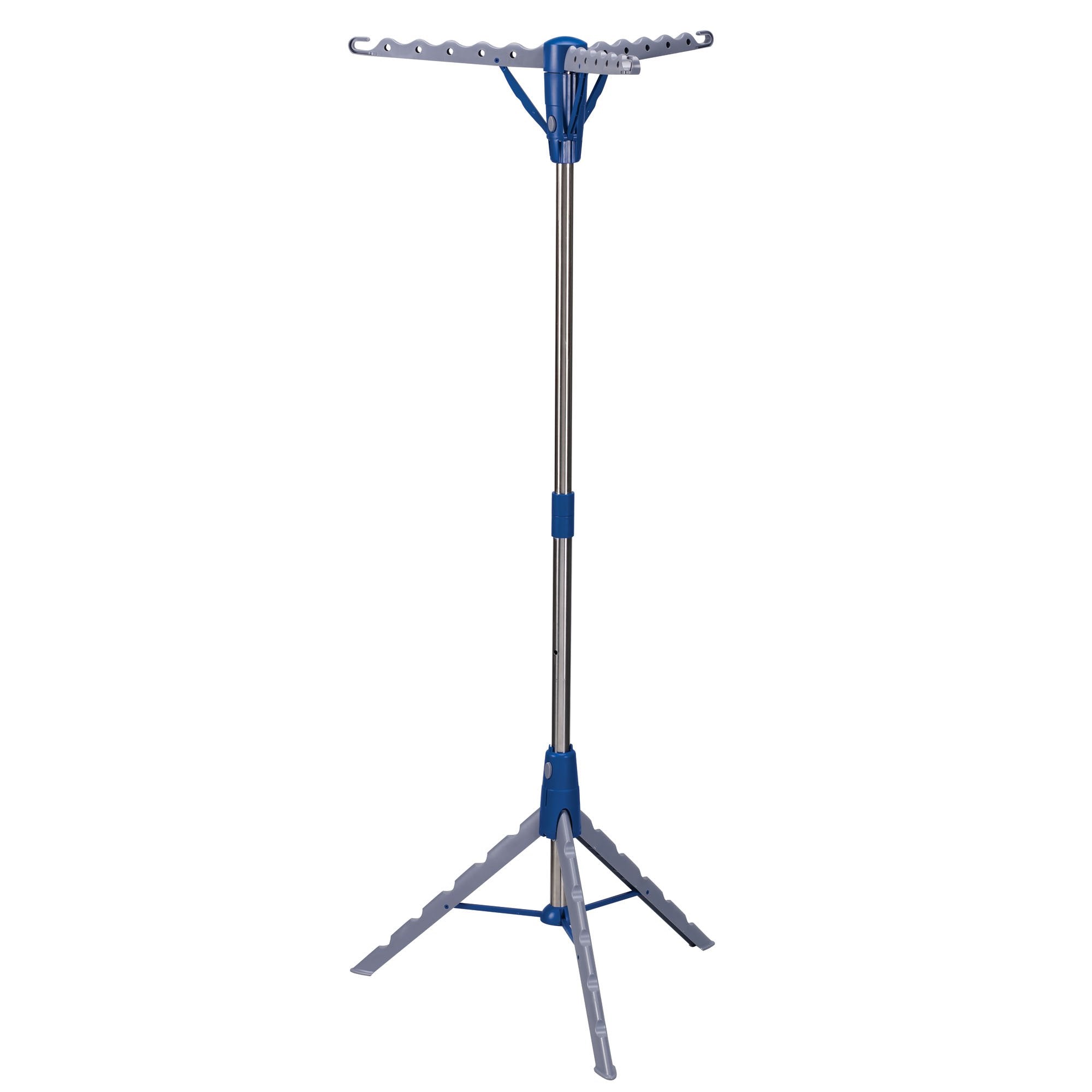 Household Essentials front view of silver and blue tripod rack showing full frame and benefits